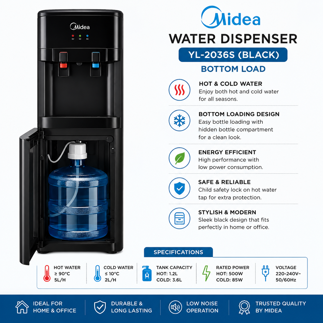 Midea Bottom Load Water Dispenser YL-2036S Black | Abdullah Electronics Multan